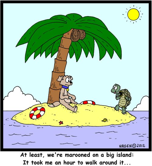 'At least, we're marooned on a big island: It took me an hour to walk around it...'