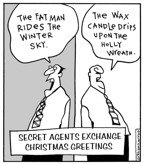 Secret agents exchange Christmas greetings.