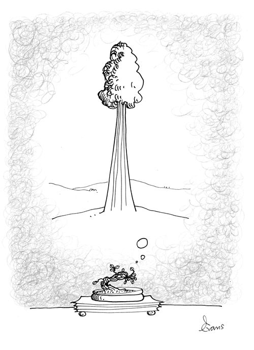A bonsai plant is shown imagining what it would like to grow into a massive tree.
