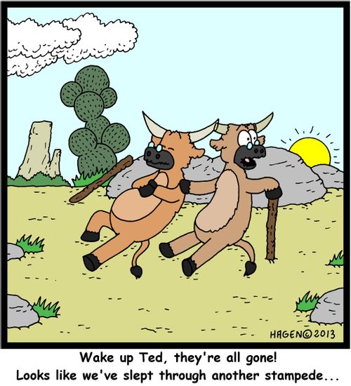 'Wake up Ted, they're all gone! Looks like we've slept through another stampede...'