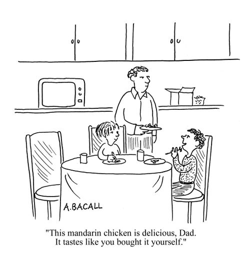 'This mandarin chicken is delicious, Dad. It tastes like you bought it yourself.'