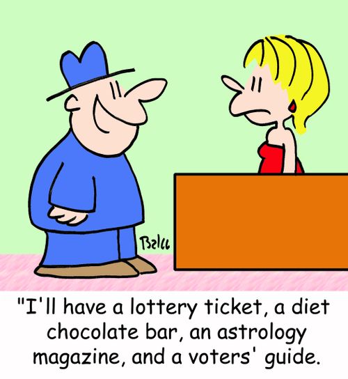'I'll have a lottery ticket, a diet chocolate bar, an astrology magazine, and a voters' guide.'