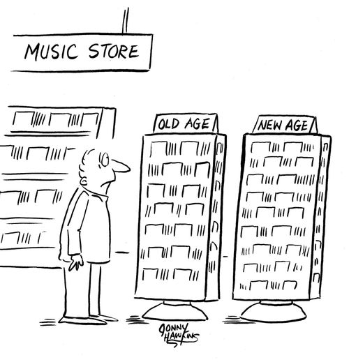 Music store customer sees two racks, 'Old Age' and 'New Age'.