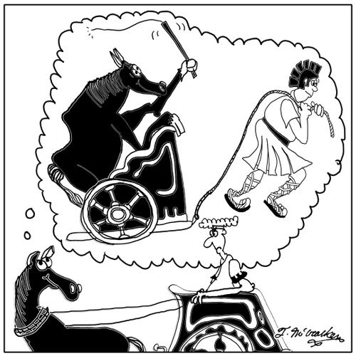A horse pulling an ancient Roman fantasizes standing in a chariot cracking a whip while a gladiator pulls it.