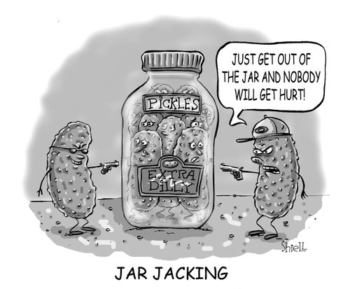 A couple of criminal pickles 'jar jack' a pickle jar. 