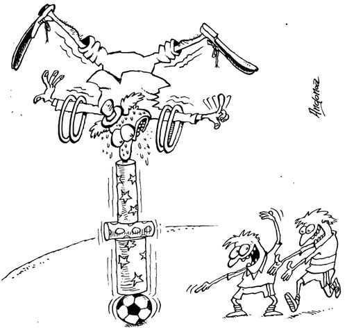 Clown balancing on various objects looks with worry at the two children eyeing up the football supporting it all