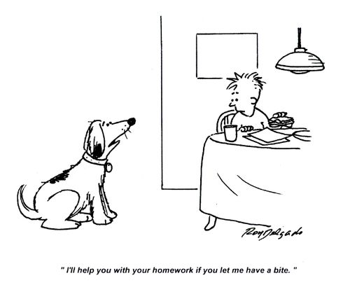 'I'll help you with your homework if you let me have a bite.'