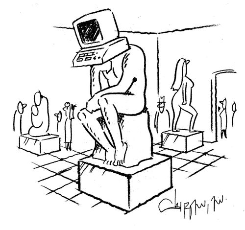 Rodin's 'Thinker' with a computer for a head.