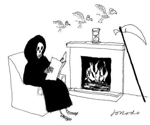 Grim Reaper reading a book in front of fire