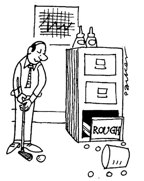 Man in Office playing golf, filing cabinet draw marked 'Rough'