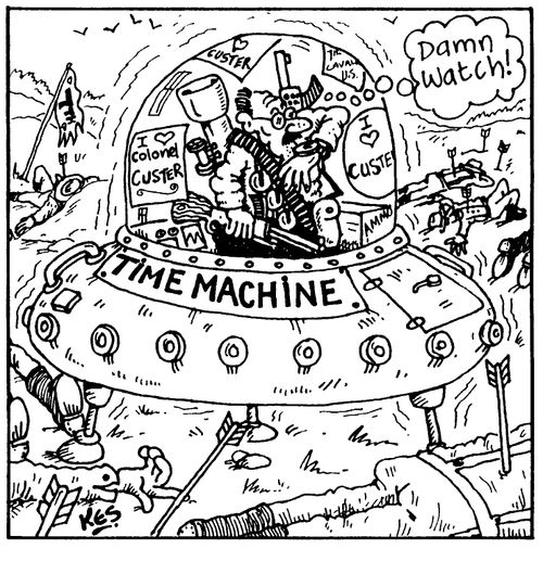 Professor in time machine at the end of a battle "Damn watch!"