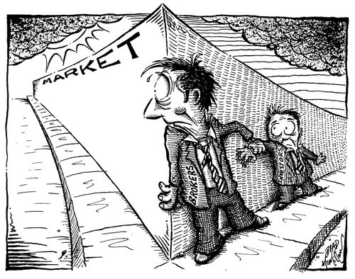 'Brokers' holding 'Investors' hand while hiding around the corner of 'Market'