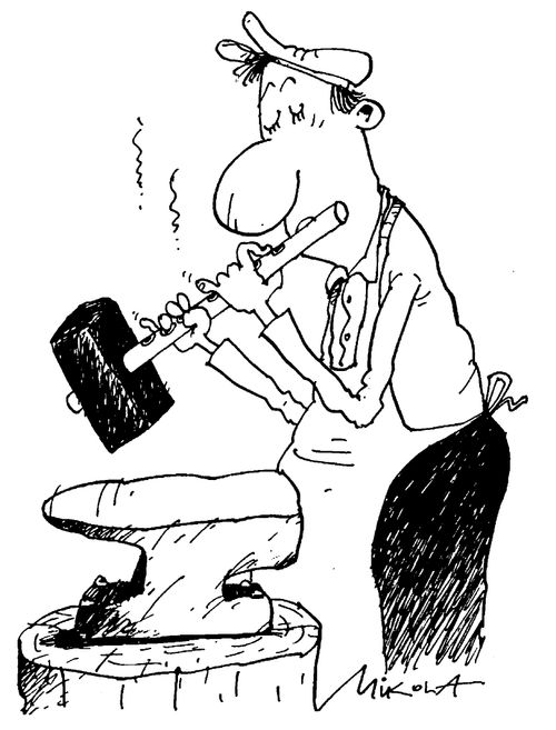 Worker playing the hammer from the anvil like a flute