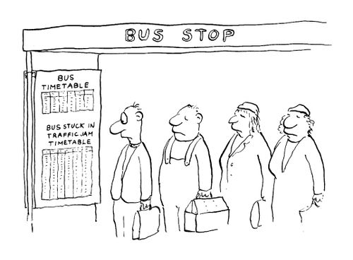 Bus timetable at bus stop, "Bus stuck in traffic jam timetable"