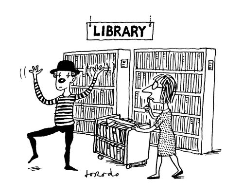 Mime artist in library.