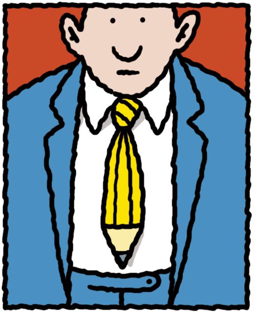 'Man in suit wears tie in shape of a pencil.'