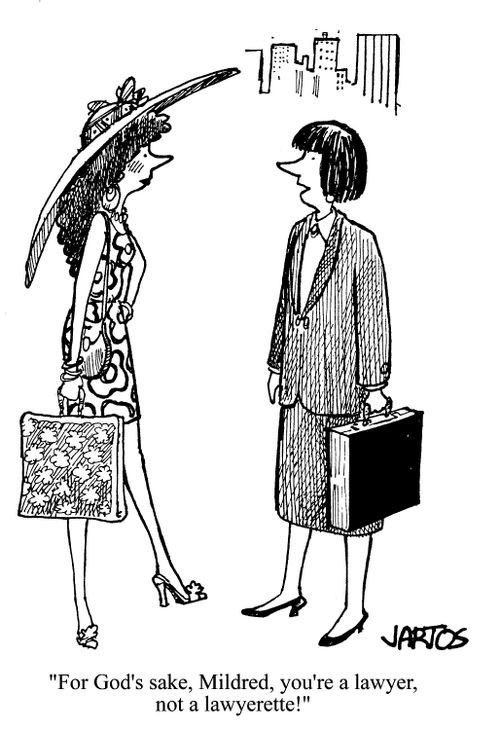 'For God's sake, Mildred, you're a lawyer, not a lawyerette!'