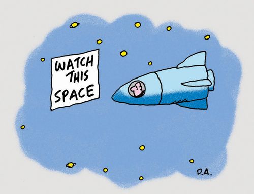 Astronaut in space ship sees sign 'Watch this space'.