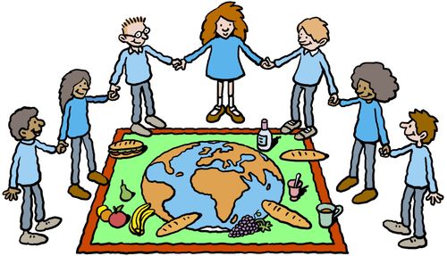 Children hold hands around a map of the world with picnic food.