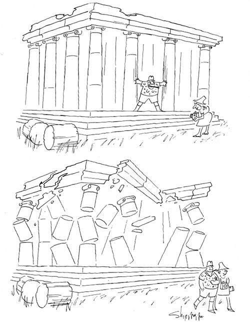 Tourist has picture taken in front of temple just before it falls down.