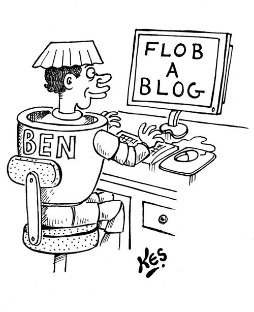 Flowerpot man reads computer screen: Flob a blog.