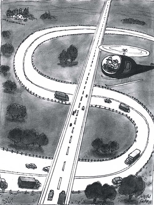 Helicopter flying over dollar sign shaped roads.