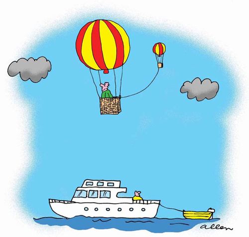 Boat towing dinghy, balloon towing small balloon.