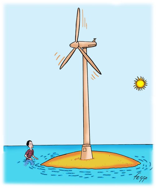 Wind farm turbine in desert island.