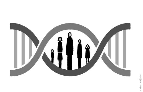The dna double helix, with a human family taking the place of the dna rungs (or bases), illustrating genetic inheritance within the family