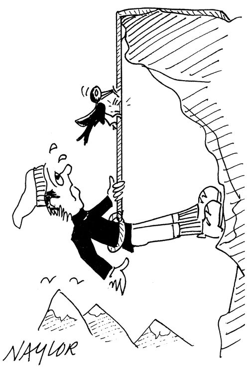 Bird pecking through mountain climber's rope.