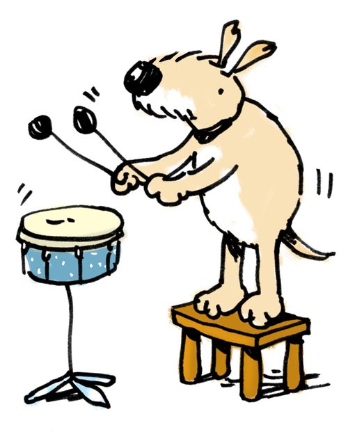 A dog banging a snare drum.