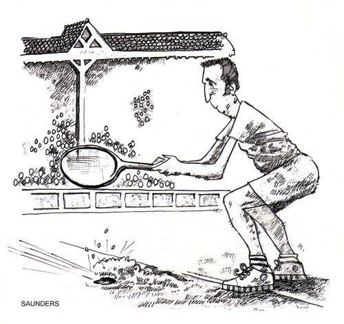 A powerful tennis serves buries the tennis ball in the ground.