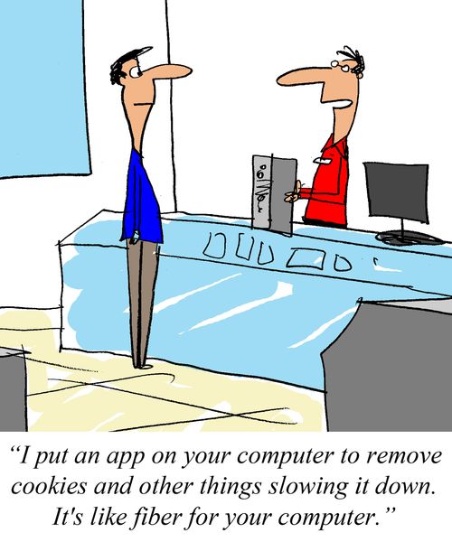'I put an app on your computer to remove cookies and other thins slowing it down.  It's like fiber for your computer.'