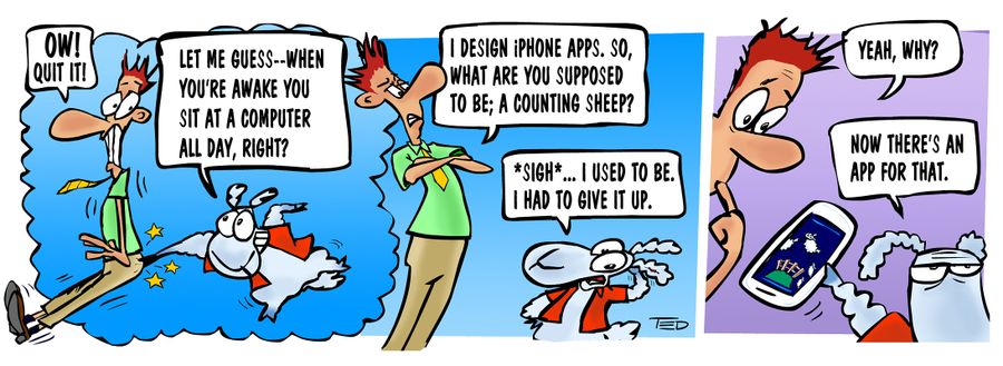 'There's an App for that.' Man and Disgruntled Dream Sheep.