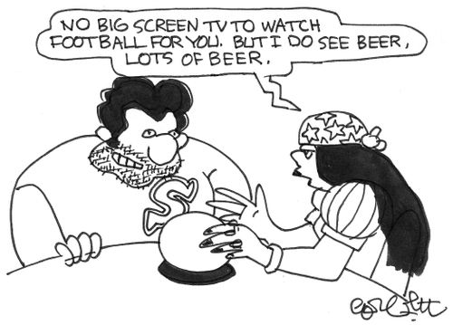 "No big screen TV to watch football for you. But I do see beer, lots of beer."
