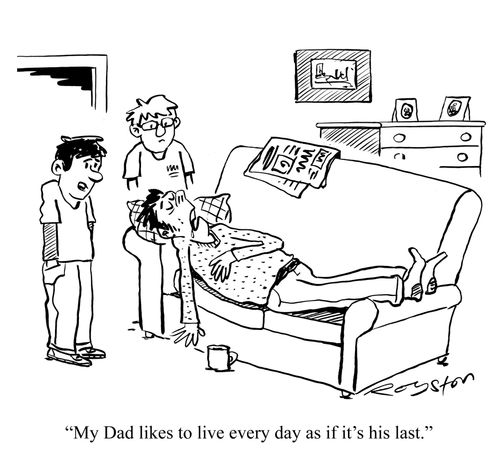 Man lies sleeping and dribbling. Son says: 'My Dad likes to live every day as if it's his last.'