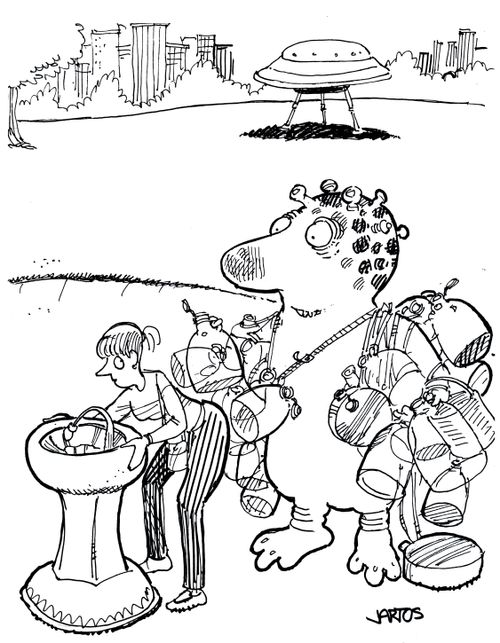 'Alien waiting to fill up lots of bottles from a drinking fountain.'