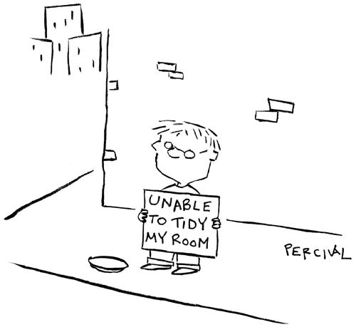Boy on street corner holding placard which says 'Unable to tidy my room'.