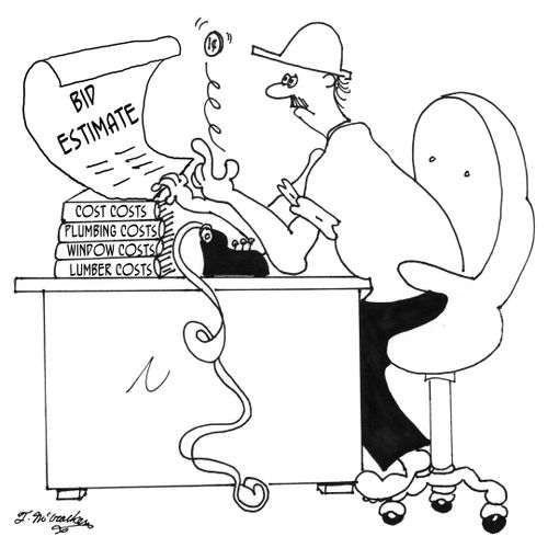 A contractor preparing an bid estimate is surrounded by stacks of cost books, but is flipping a coin to make his decisions.