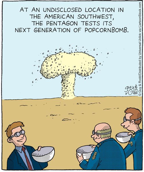 In an undisclosed location in the American southwest, the Pentagon tests it's new generation of popcornbomb.
