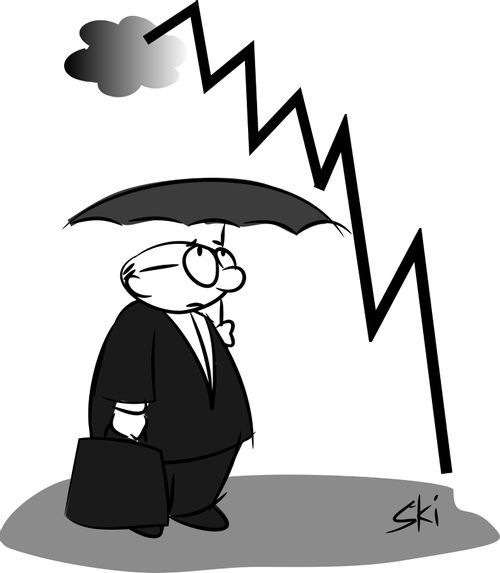 Businessman tries to shelter from the economic storm.