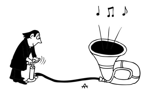 Man using a pump to play a trumpet.