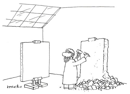 Blank canvas on easel is sculptor's model.