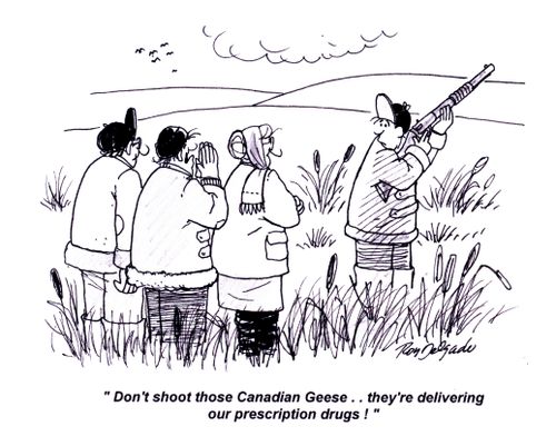 'Don't shoot those Canadian Geese.. they're delivering our prescription drugs!'