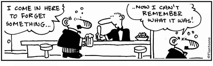 'I came to the pub to forget.' 'Now I can't remember what that was.'