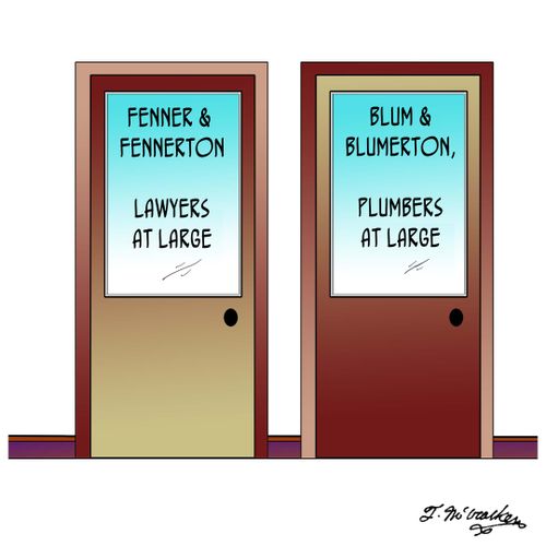 'Fenner & Fennerton, Lawyers at Large' is next to 'Blum & Blumerton, Plumbers at Large.'