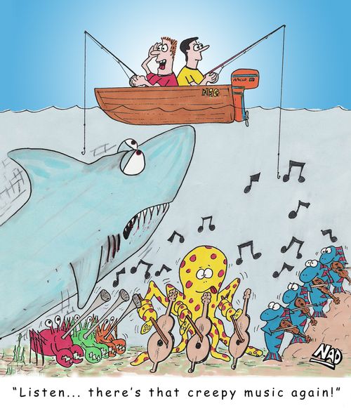 A huge shark is about to attack a small fishing boat and one of the guys is saying 'Listen... there's that creepy music again' as an orchestra of fish, crabs and an octopus play the theme from Jaws.