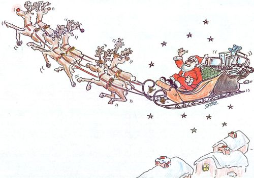 Santa on his sleigh with sack of computers.