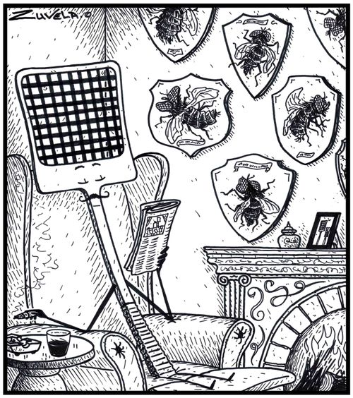 A fly swatter enjoying his newspaper in front of his trophies of flattened flies.