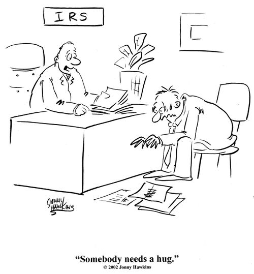 Man at IRS office.  'Somebody needs a hug.'